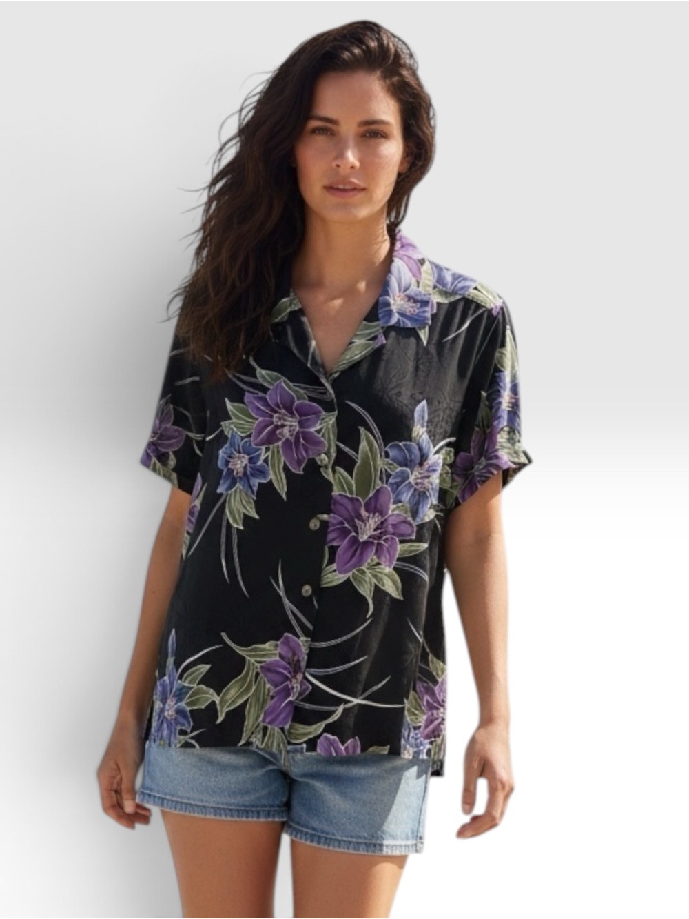 Tommy Bahama Black Button-Front Shirt with Purple Floral